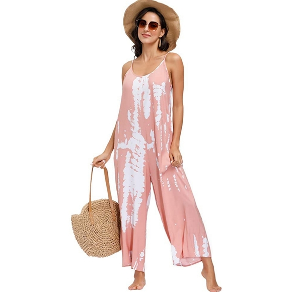 Women's Tie Dye Pink Jumpsuit romper with Pockets - Picture 2 of 5
